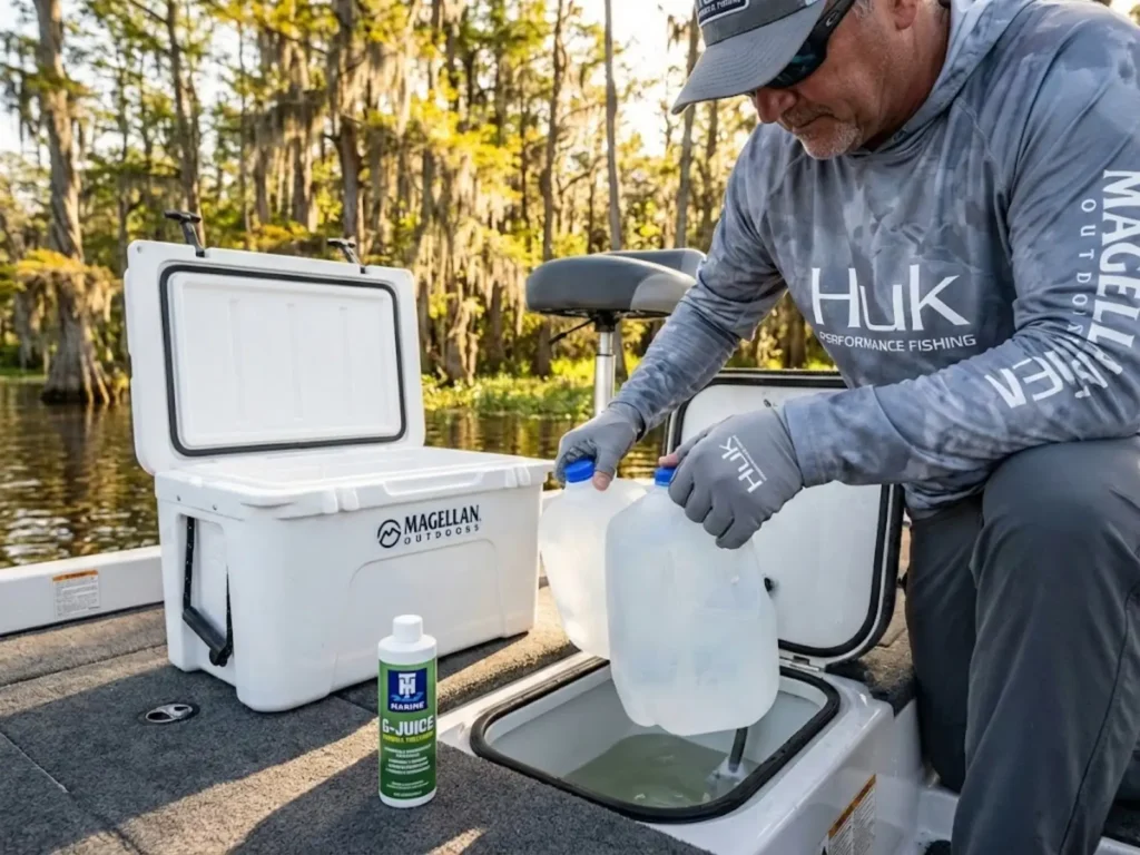 Tournament angler adding frozen water jugs to livewell cooler for temperature control