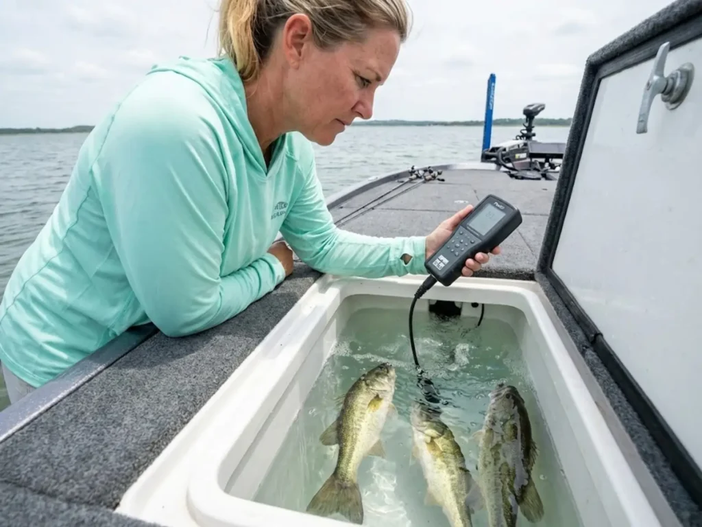 Angler testing livewell dissolved oxygen levels with digital meter during summer tournament