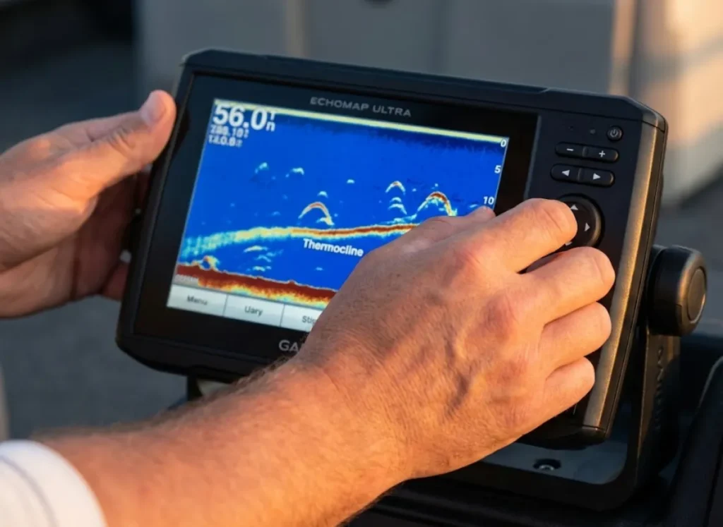 Close-up of an angler's hand adjusting a Garmin fish finder screen showing a thermocline reading.