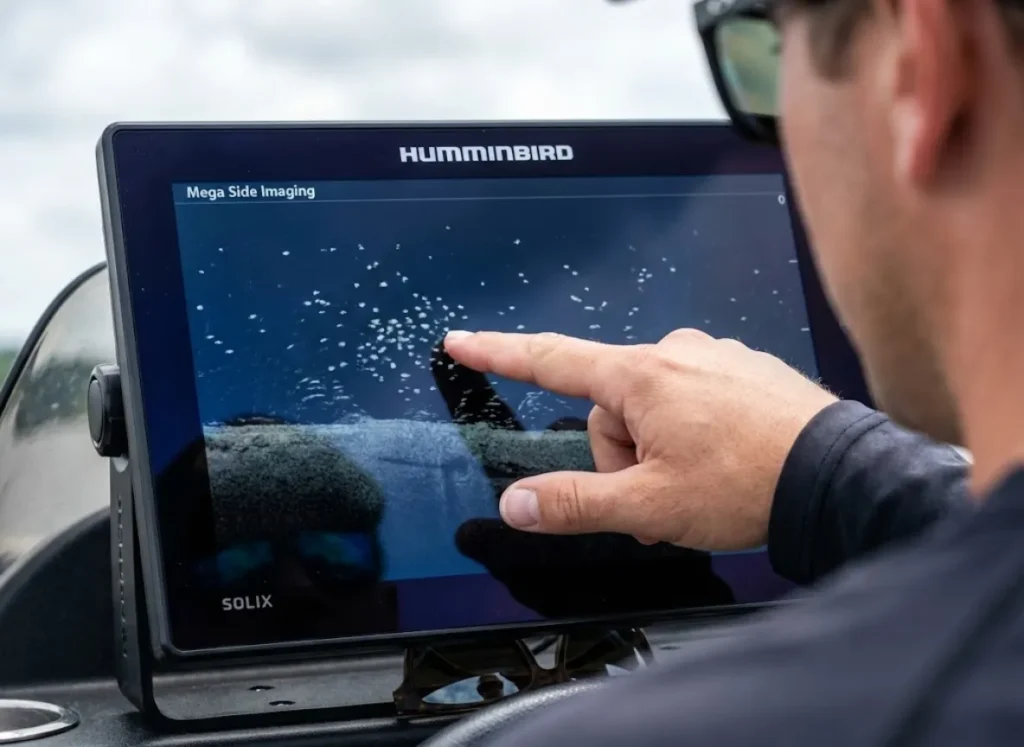 Close-up of a Humminbird fish finder screen showing the specific sonar signature of deep water bluegill schools.