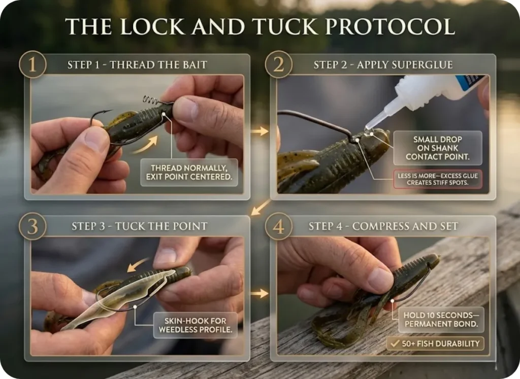 Four-step instructional infographic showing the Lock and Tuck rigging protocol for ElaZtech soft plastics, demonstrating proper superglue application technique to secure the bait on the hook.
