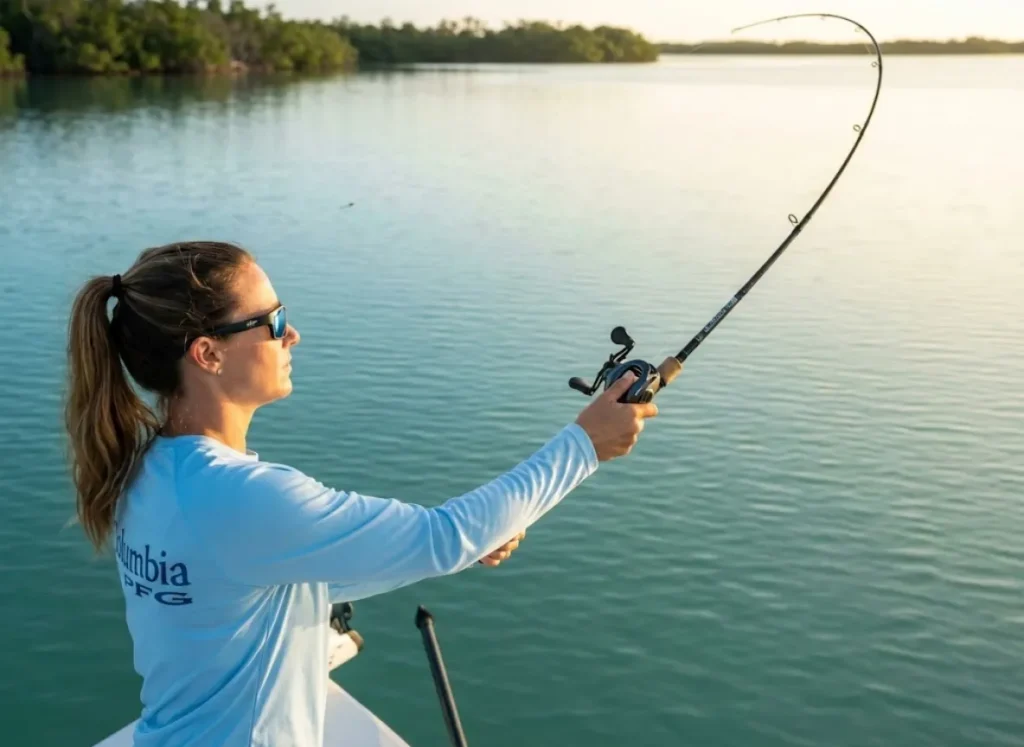Female angler casting baitcaster with ceramic bearings on saltwater flat