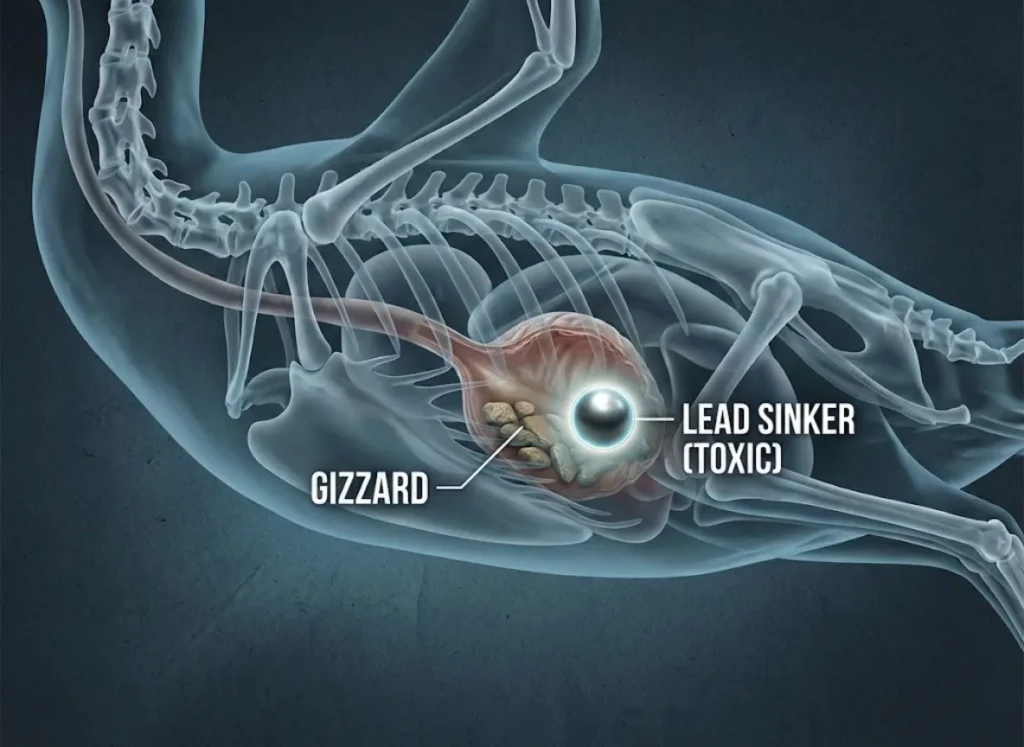 A detailed medical-style X-ray visualization of a Common Loon’s anatomy, showing a dense, bright lead sinker trapped inside the muscular gizzard alongside natural grit stones, highlighting the mechanical cause of lead poisoning.