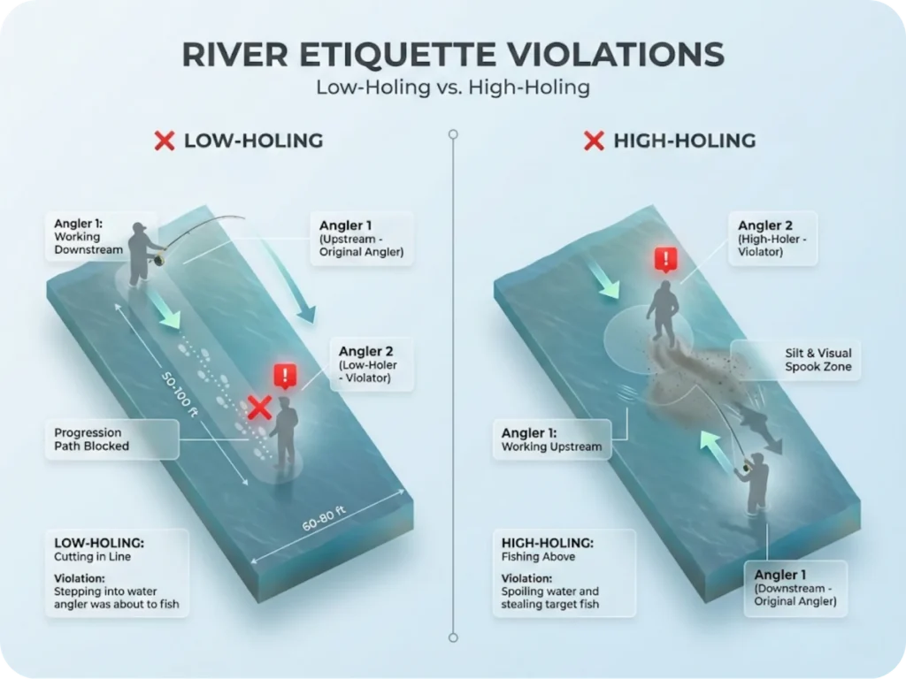 Side-by-side comparison diagrams showing low-holing (blocking downstream angler's progression) and high-holing (spoiling upstream angler's water) river fishing etiquette violations.