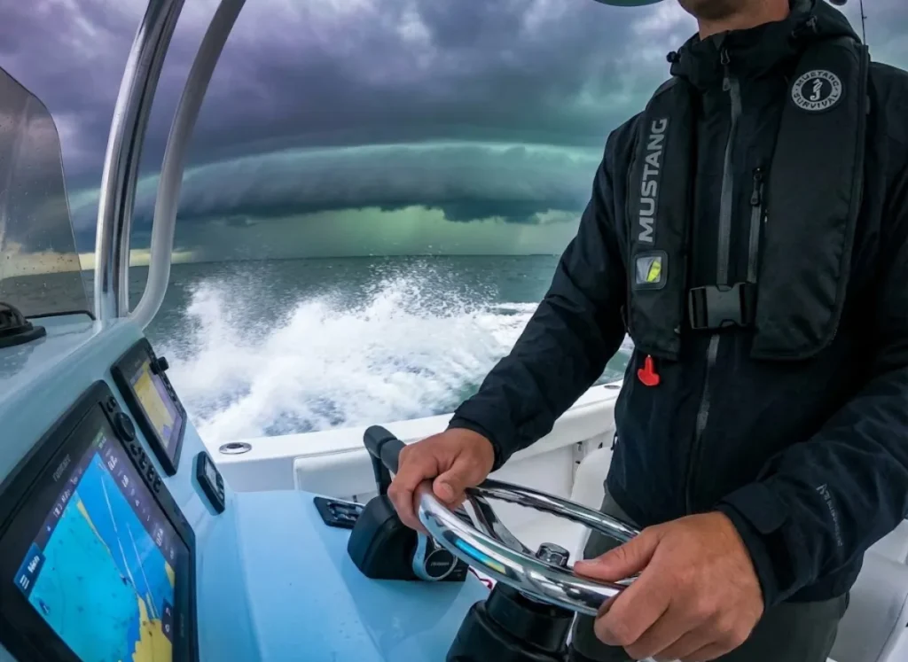 Angler piloting a boat away from a severe shelf cloud thunderstorm, wearing a Mustang Survival life jacket, highlighting safety and weather awareness.