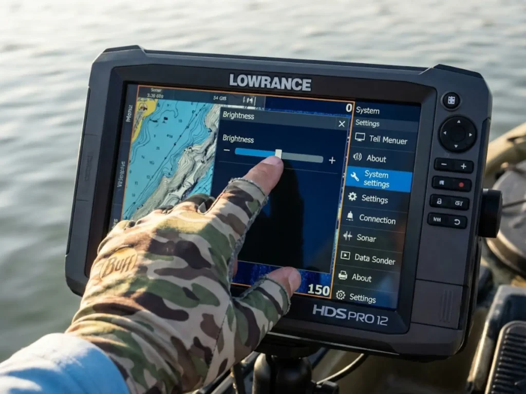 Adjusting lowrance fish finder brightness settings menu on touchscreen display 