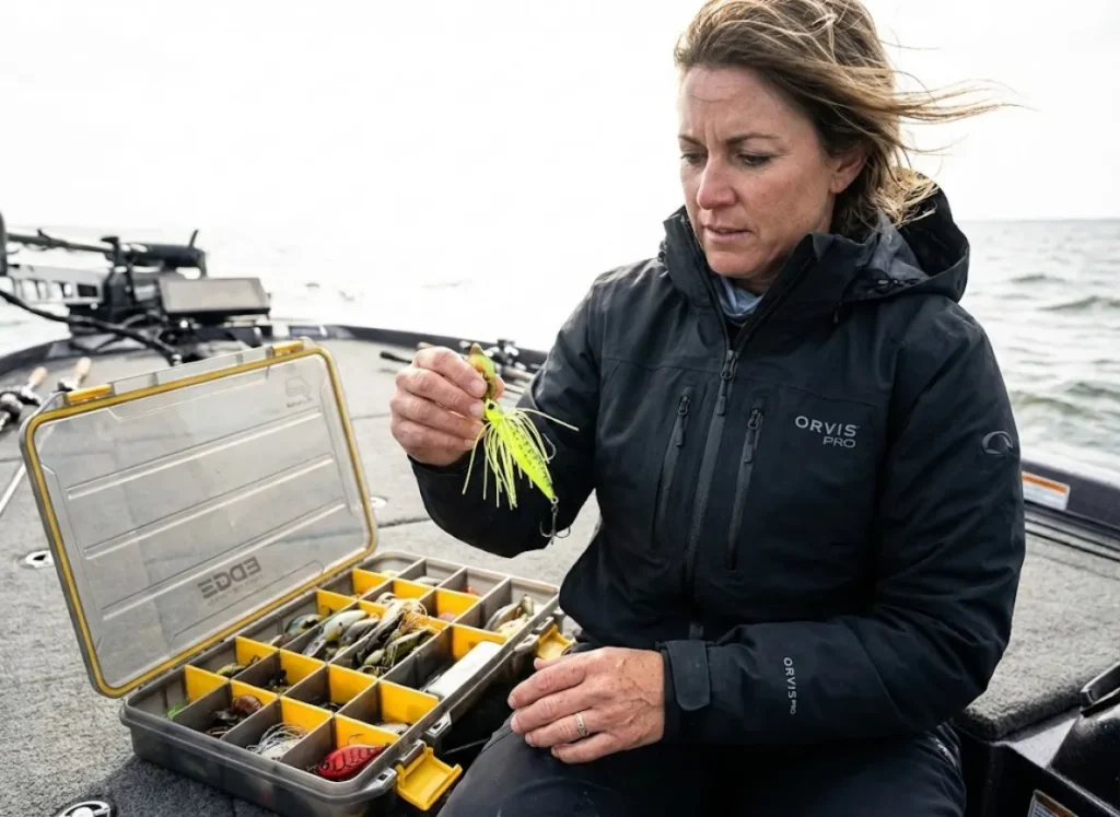 Female angler selecting heavy chatterbait from tackle box for windy fishing conditions