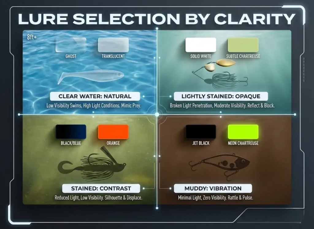 A four-quadrant fishing infographic displaying water clarity levels from clear to muddy, paired with corresponding recommended lure color swatches and lure silhouettes.