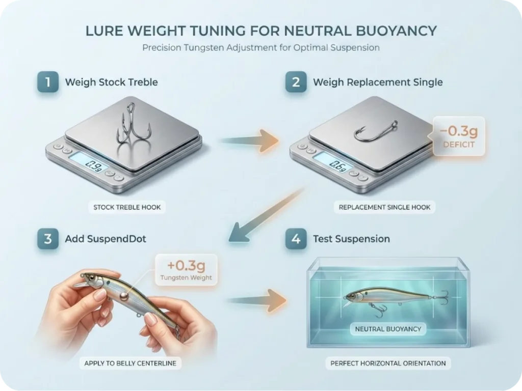 Educational infographic showing the 4-step process for balancing suspending jerkbaits after single hook conversion, including weighing hooks, identifying weight deficit, adding compensation weight, and testing suspension.