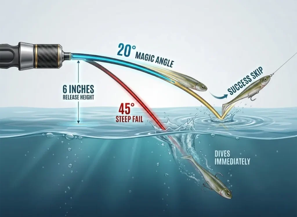 A side-profile technical diagram illustrating the physics of skipping a fishing lure. It compares a successful 20-degree low-trajectory path where the lure skips on the water's surface against a failed 45-degree steep path where the lure breaks tension and dives.