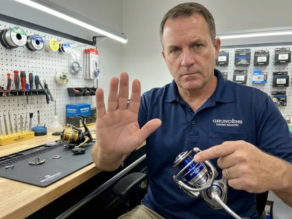 Reel technician demonstrating warning against opening MagSealed Daiwa reel at professional service bench