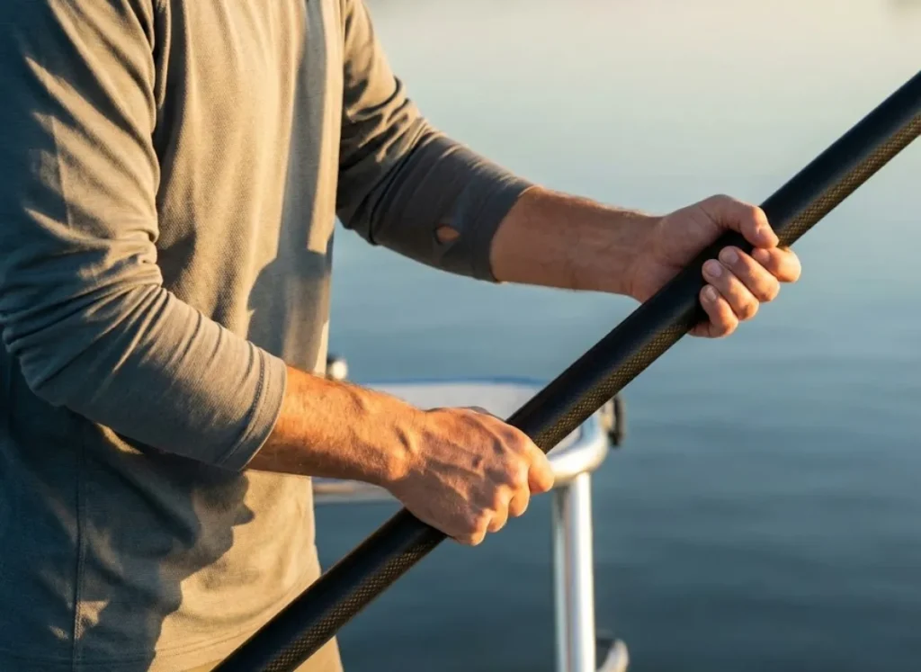 Close-up of an angler's hands using a carbon fiber push pole on a skiff in calm water, demonstrating stealth fishing techniques.
