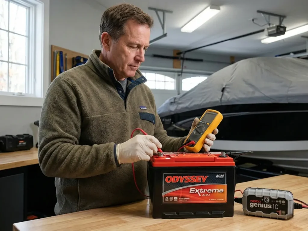 Boat owner testing marine AGM battery voltage with multimeter during winter storage