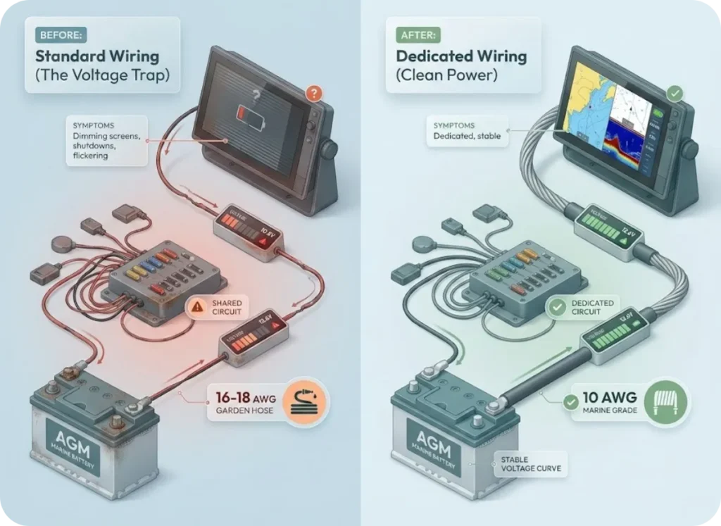 Before and after comparison diagram showing standard boat wiring with voltage drop issues through fuse panel and thin gauge wire versus dedicated 10 AWG marine-grade wiring direct to battery for clean voltage delivery to fishing electronics.
