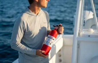 Marine Fire Extinguishers You Need Aboard Professional angler on a center console boat inspecting a red Kidde marine fire extinguisher in golden hour lighting.