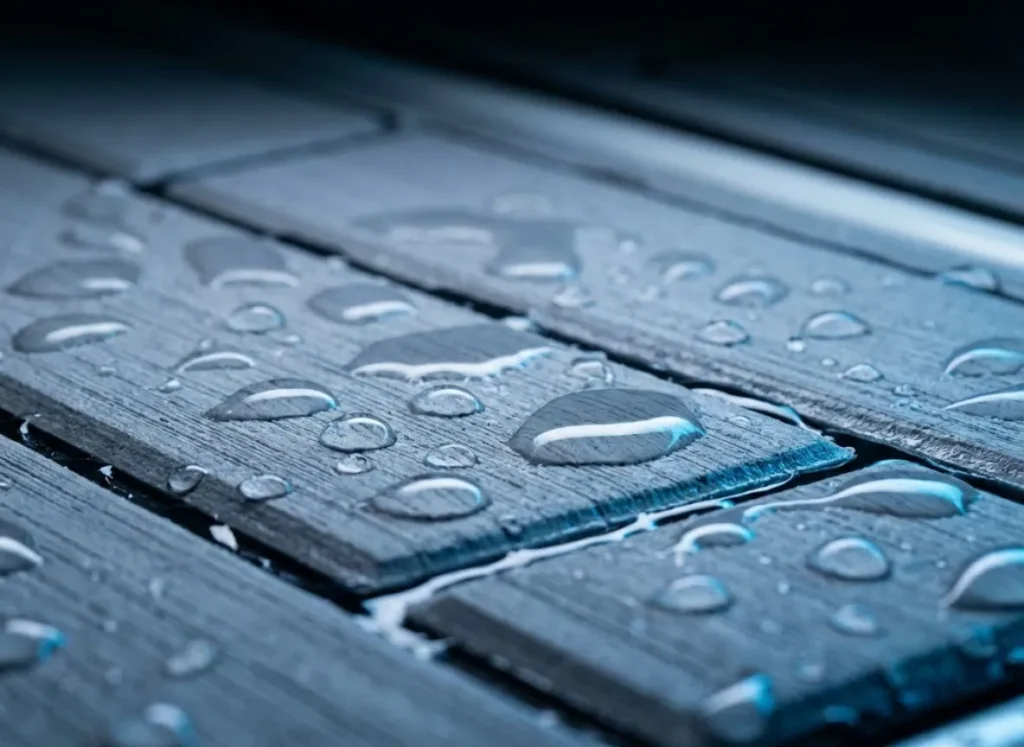 Macro photography of water droplets pooling on a textured boat deck, highlighted by blue electrical-style lighting to symbolize conductivity.