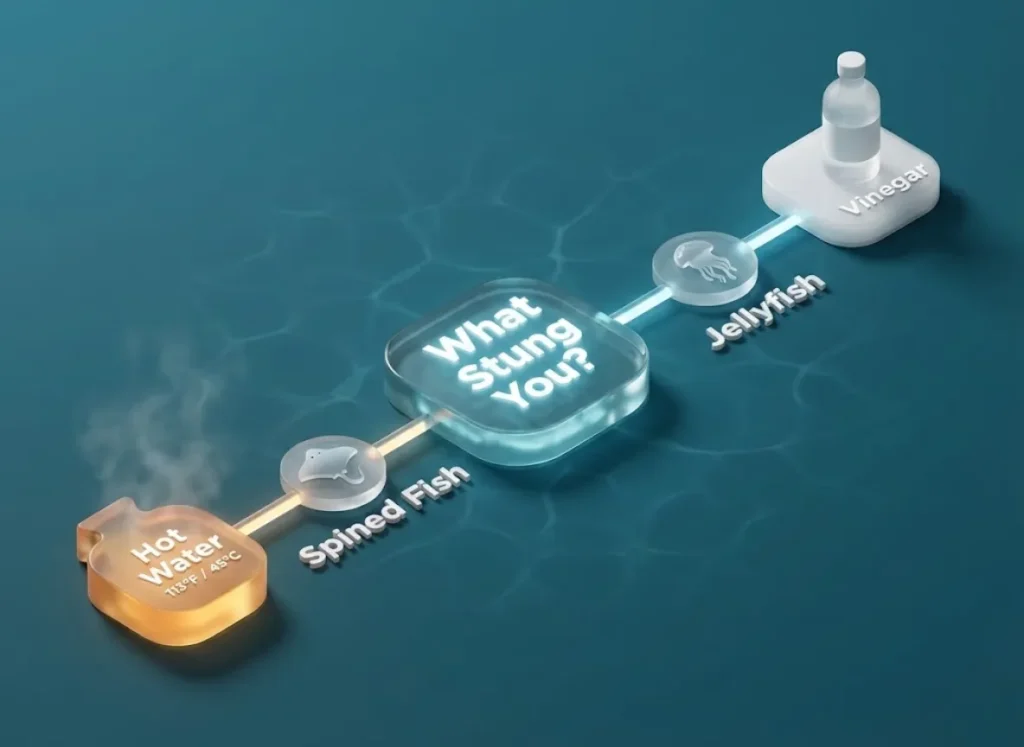 A 3D isometric flowchart titled Sting Response Protocol. It shows a central question 'What Stung You?' branching into two paths: Spined Fish leading to a Hot Water treatment icon, and Jellyfish leading to a Vinegar bottle icon.