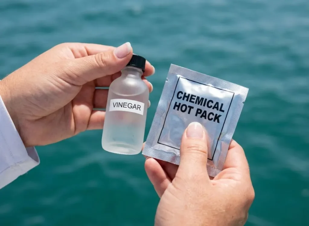 Hands holding a bottle of vinegar and a hot pack against an ocean background for treating marine stings.