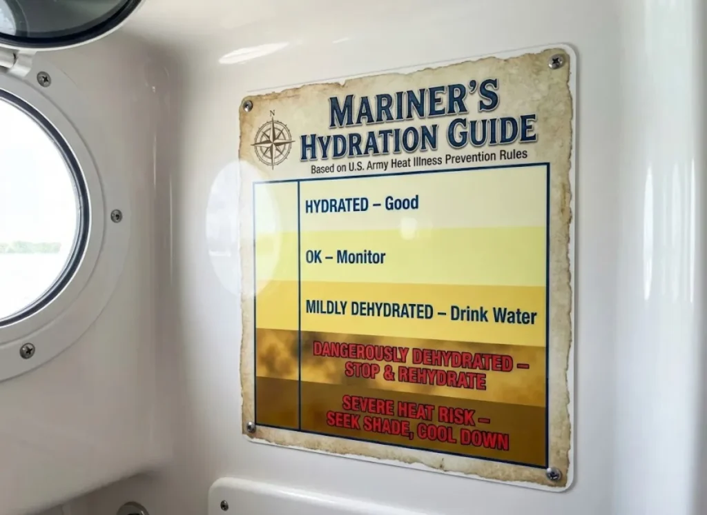 A nautical-themed 'Mariner's Hydration Guide' chart mounted on a boat's wall, displaying a gradient of urine colors from pale yellow to dark tea-colored. Labels indicate 'Hydrated' for light colors and 'Dangerously Dehydrated' for dark, with a warning to 'Drink Water Immediately.'