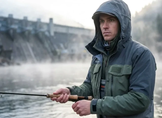 master-tailwater-trout-fishing-dam Angler standing in a misty tailwater river with a hydroelectric dam in the background, wearing premium Simms fishing gear, looking downstream.