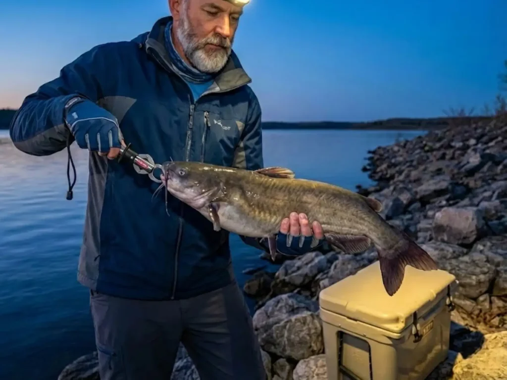Angler measuring catfish against rod markings to check legal size limit before deciding