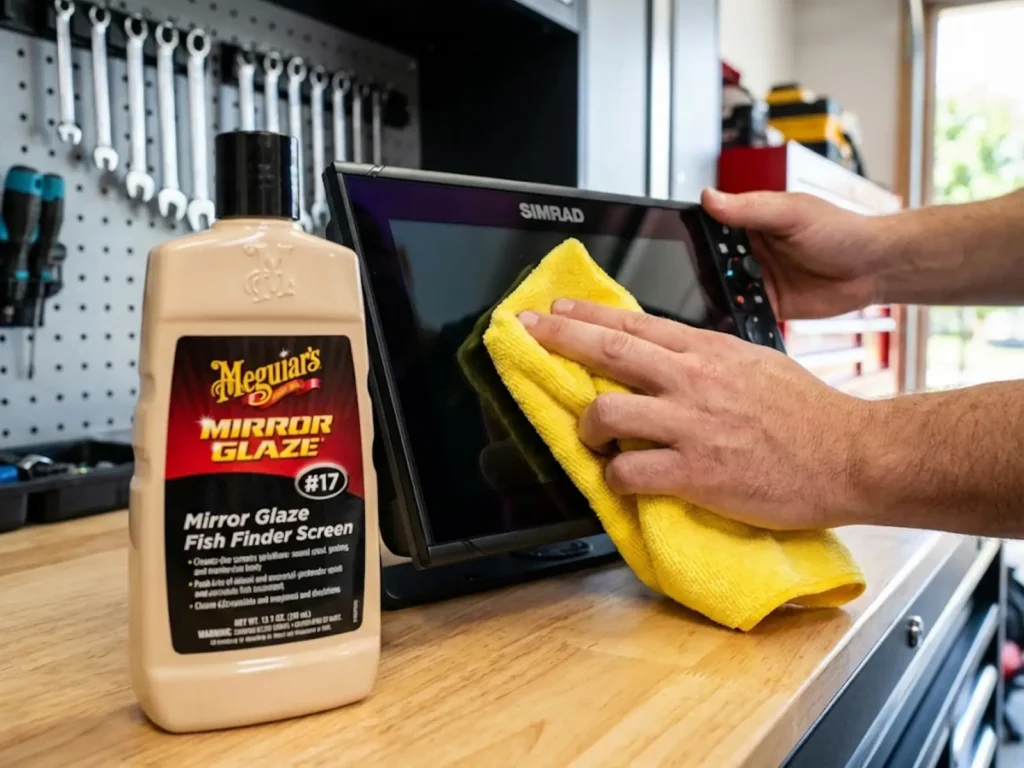 Cleaning simrad fish finder screen with meguiars plastic polish to remove scratches