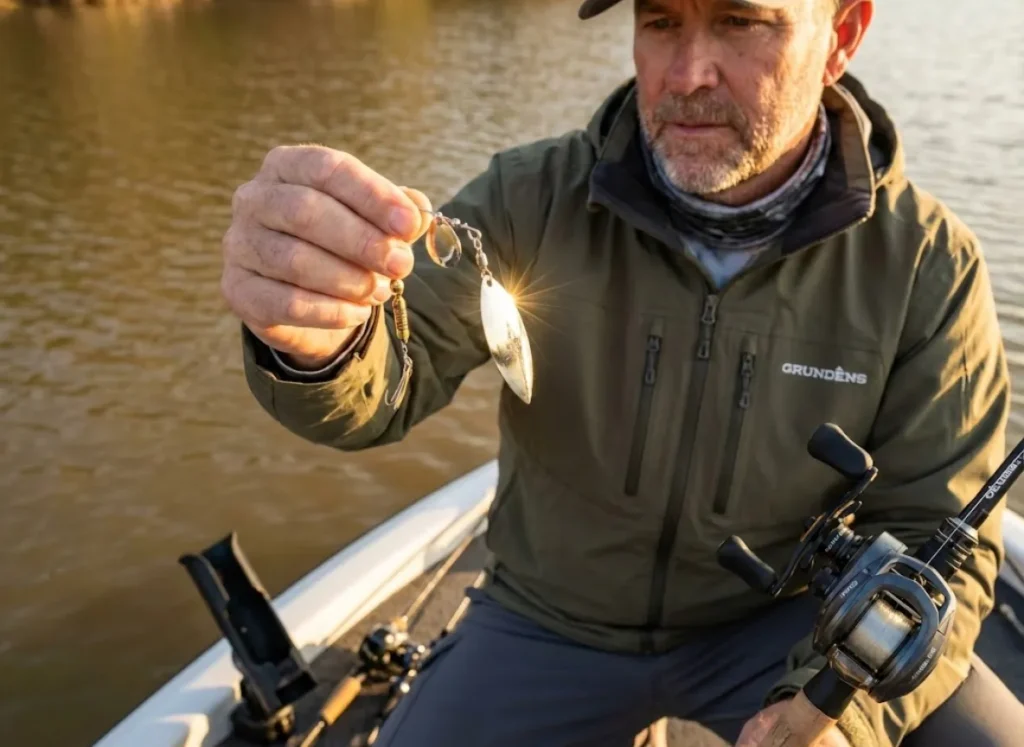 Silver spinnerbait blade flash catching light for maximum visibility in stained water conditions