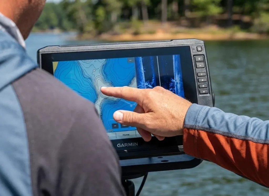 Angler's hand tracing contour lines on a Garmin fish finder screen, identifying drains and ditches for bass migration.