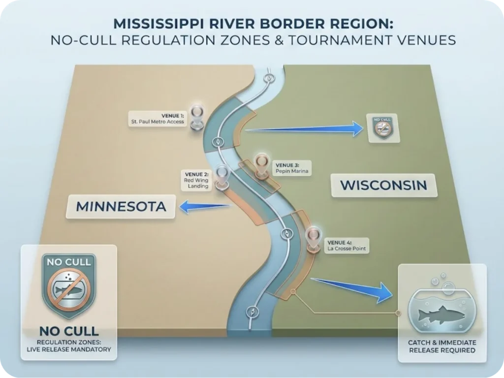 Regulatory map infographic showing the Minnesota-Wisconsin Mississippi River border region with no-cull fishing zones highlighted and major tournament venue locations marked.