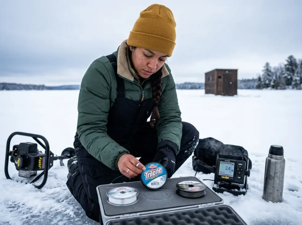 Mono, fluorocarbon, and braid spools in a tackle tray showing cold water line choices