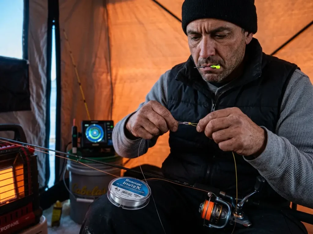 Tying a Seaguar InvizX fluorocarbon leader to mono main line for a cold water hybrid rig