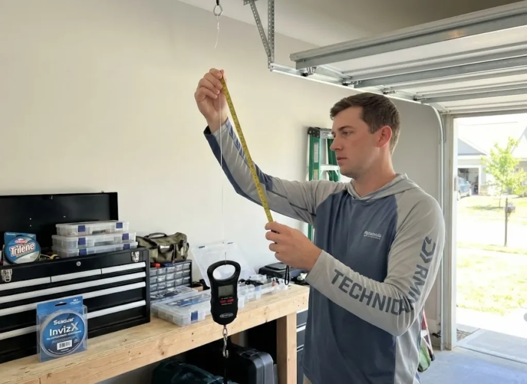 Angler conducting DIY monofilament stretch test with weights and tape measure
