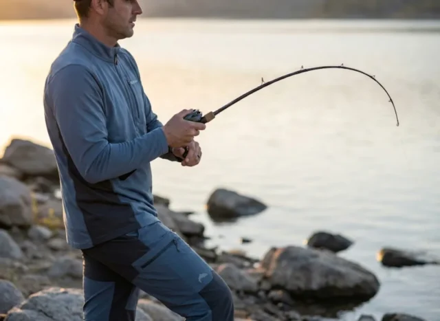 monofilament-line-stretch-hookset-action Angler mid-hookset with bent rod and taut monofilament line showing stretch during fight