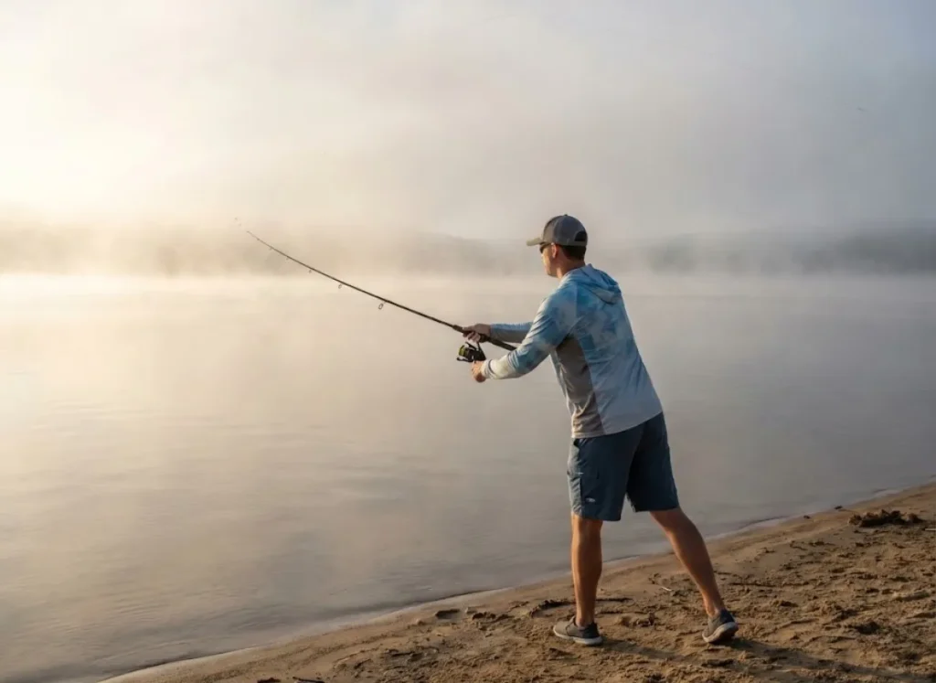 Angler making long distance cast from beach with monofilament arcing over misty lake