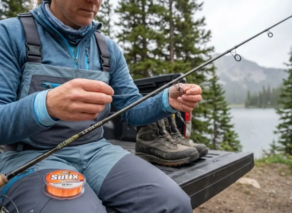 Angler threading Sufix monofilament through rod guides at mountain lake tailgate