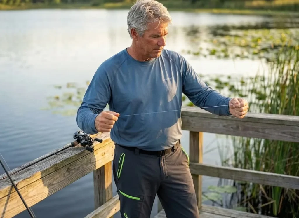 Experienced angler testing monofilament line stretch by pulling between hands on dock