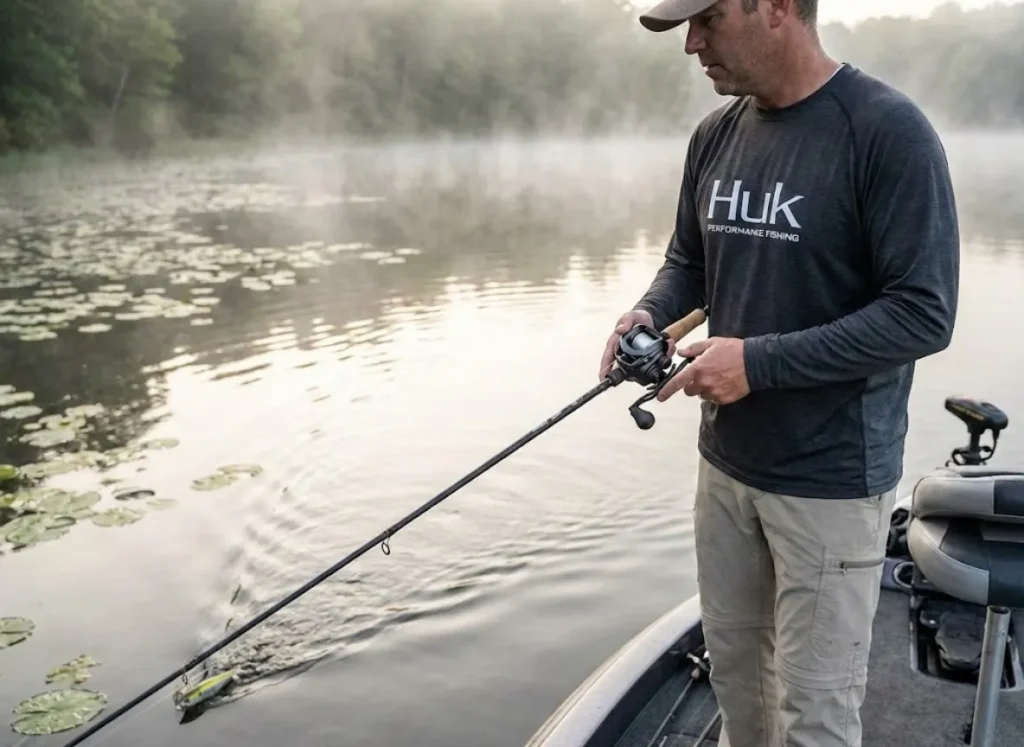 Bass angler working topwater walking bait on monofilament in calm lily pad cove