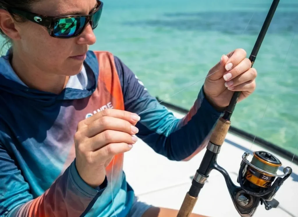 Angler inspecting monofilament line for UV damage in bright saltwater conditions