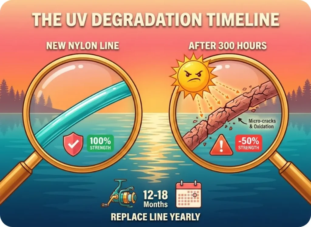 A comparative infographic visualizing fishing line damage, featuring two magnified viewports showing smooth new nylon versus cracked UV-damaged nylon against a sunset lake background, illustrating significant strength loss over time.
