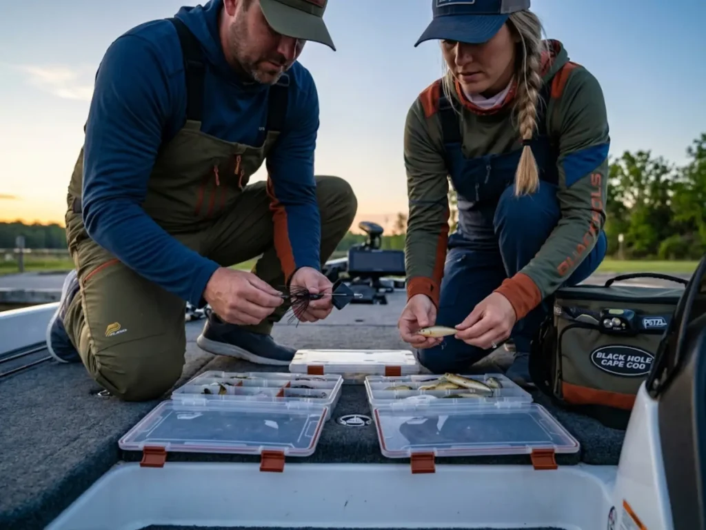 Anglers selecting different lure colors for morning and evening fishing sessions