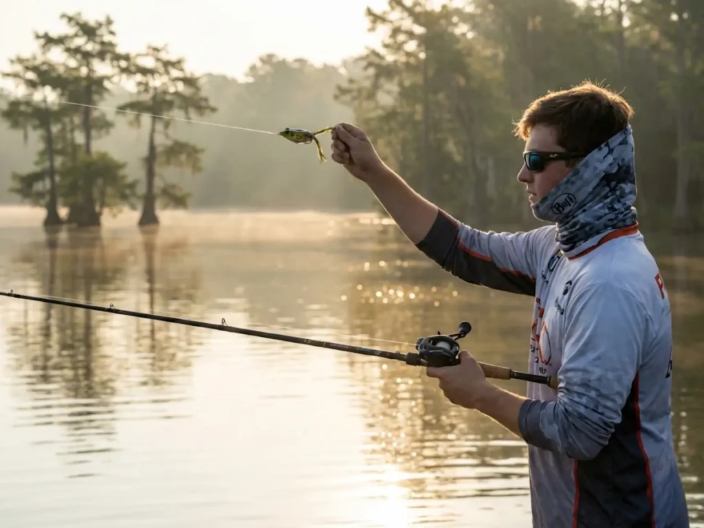 Young bass angler casting topwater lure across glassy lake surface at golden sunrise
