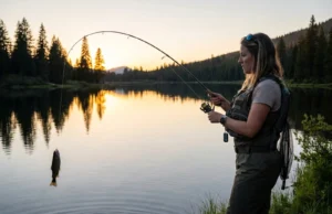 Should You Fish in the Morning or Evening as a Beginner? Beginner angler catching fish at golden hour on a calm mountain lake at sunset