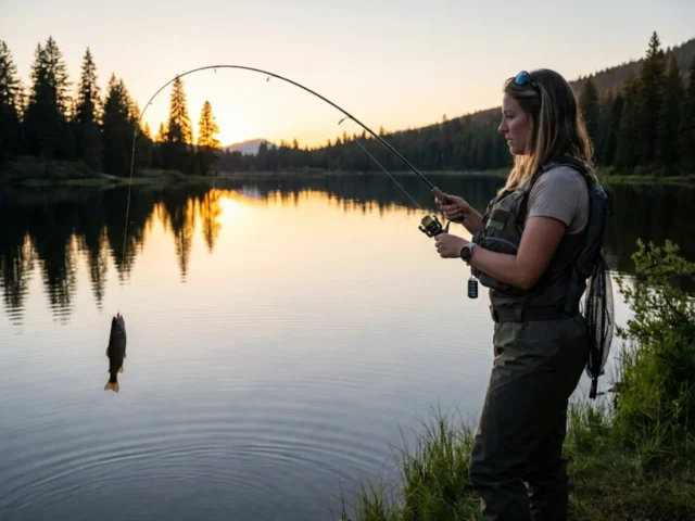 morning-vs-evening-fishing-beginner-hero Beginner angler catching fish at golden hour on a calm mountain lake at sunset