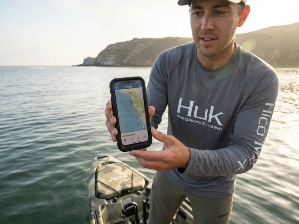 Kayak angler using smartphone fishing app to check MPA boundary near California coast