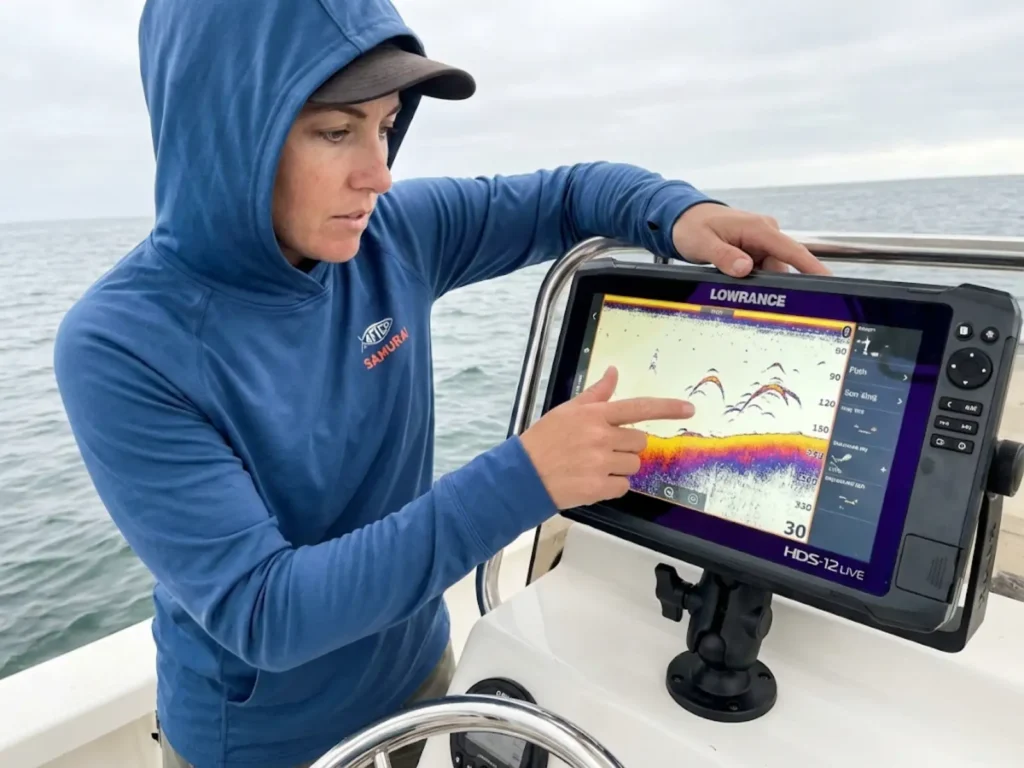 Angler analyzing fishfinder sonar display to identify species before fishing in SMCA zone