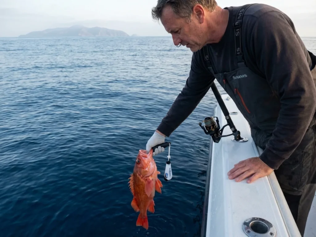 Angler using descending device to safely release rockfish for conservation near marine reserve