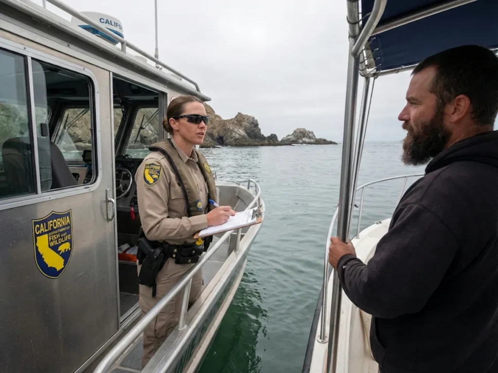 CDFW game warden checking fishing vessel compliance near California marine protected area
