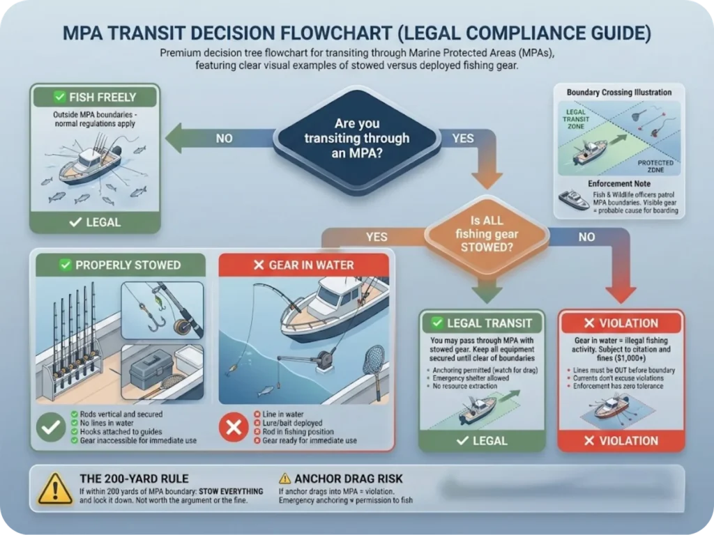 Decision tree flowchart showing legal requirements for transiting through Marine Protected Areas with gear stowed versus deployed examples.