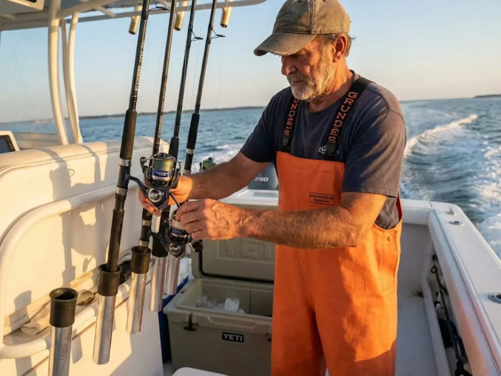 Commercial fisherman stowing gear before transiting through marine protected area