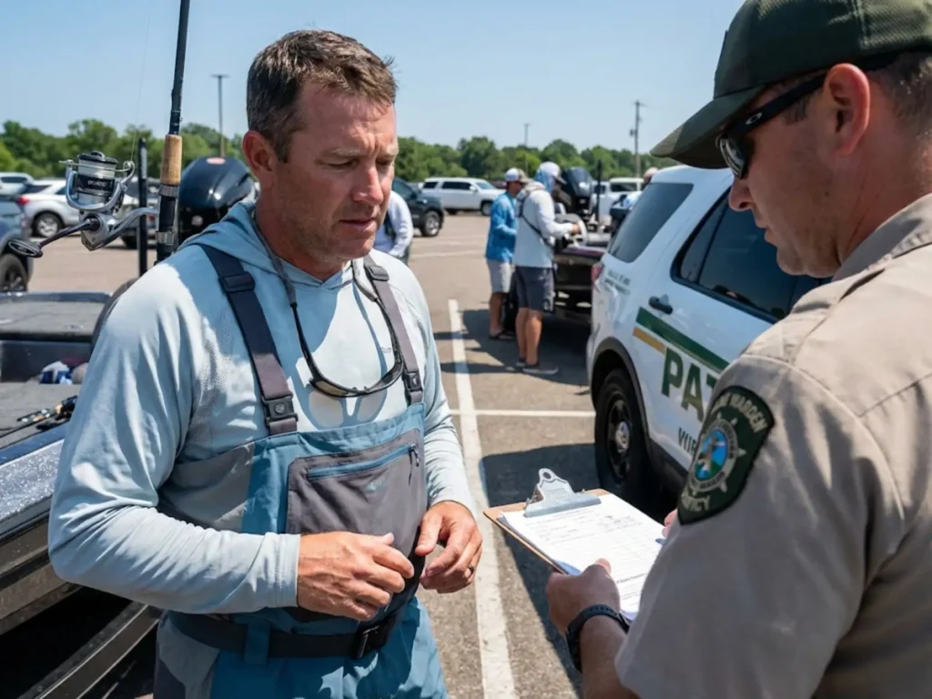 Angler receiving MPA fishing violation citation at boat launch from game warden